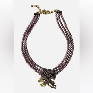 Heidi Daus Faux Purple Pearl Necklace Statement Gold Rose Pendant NEVER WORN 💫